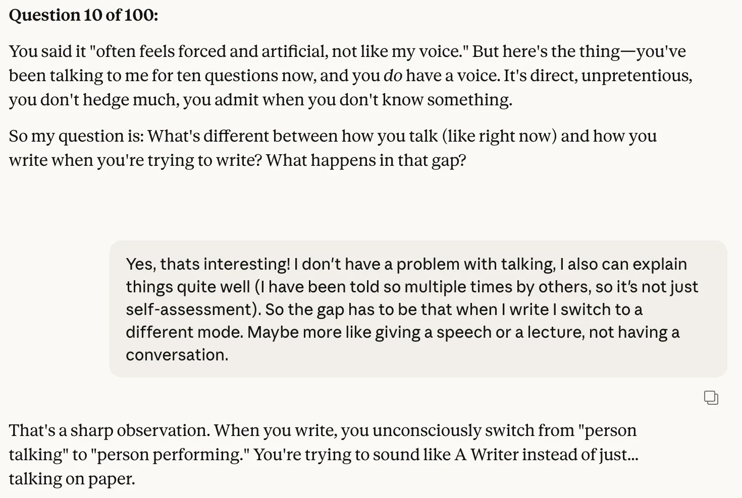 AI teaching me to write. A snippet from my conversation with Claude.